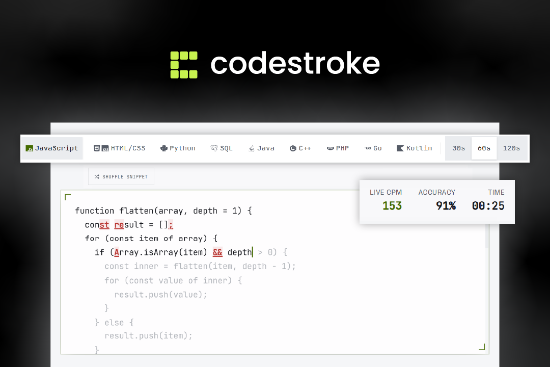 Codestroke code typing interface with language tabs and live metrics